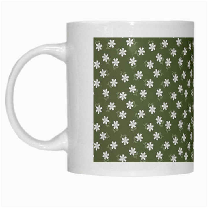 Sage Green White Floral Print White Mugs