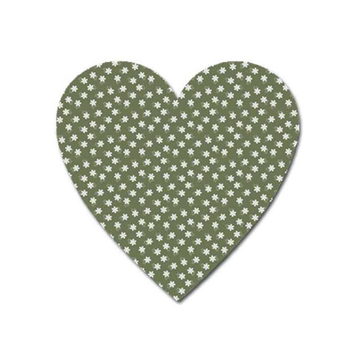 Sage Green White Floral Print Heart Magnet