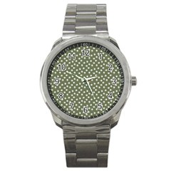 Sage Green White Floral Print Sport Metal Watch by SpinnyChairDesigns