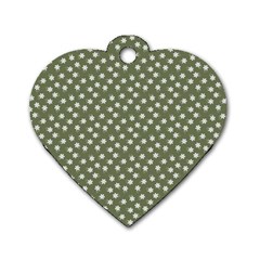 Sage Green White Floral Print Dog Tag Heart (two Sides) by SpinnyChairDesigns