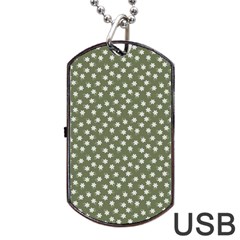 Sage Green White Floral Print Dog Tag Usb Flash (one Side) by SpinnyChairDesigns