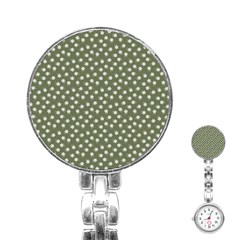 Sage Green White Floral Print Stainless Steel Nurses Watch by SpinnyChairDesigns