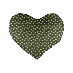 Sage Green White Floral Print Standard 16  Premium Flano Heart Shape Cushions by SpinnyChairDesigns