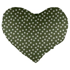 Sage Green White Floral Print Large 19  Premium Flano Heart Shape Cushions by SpinnyChairDesigns