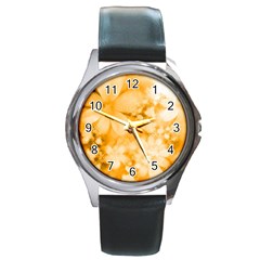 Saffron Yellow Watercolor Floral Print Round Metal Watch