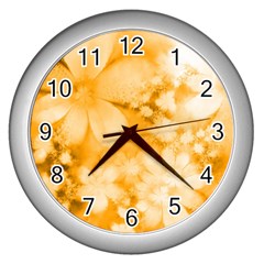 Saffron Yellow Watercolor Floral Print Wall Clock (silver) by SpinnyChairDesigns