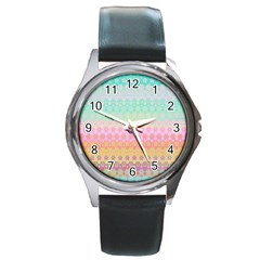 Boho Retro Pastel Floral Pattern Round Metal Watch by SpinnyChairDesigns