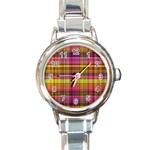 Pink Yellow Madras Plaid Round Italian Charm Watch Front