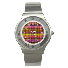 Pink Yellow Madras Plaid Stainless Steel Watch