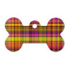 Pink Yellow Madras Plaid Dog Tag Bone (two Sides) by SpinnyChairDesigns