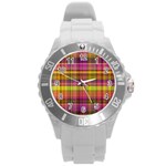 Pink Yellow Madras Plaid Round Plastic Sport Watch (L) Front