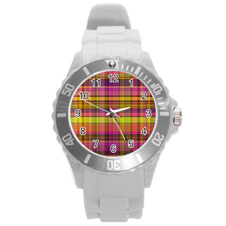 Pink Yellow Madras Plaid Round Plastic Sport Watch (L)