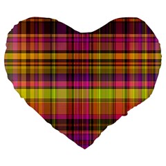 Pink Yellow Madras Plaid Large 19  Premium Heart Shape Cushions