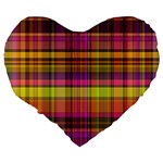 Pink Yellow Madras Plaid Large 19  Premium Heart Shape Cushions Back