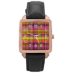 Pink Yellow Madras Plaid Rose Gold Leather Watch 