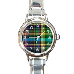 Colorful Madras Plaid Round Italian Charm Watch by SpinnyChairDesigns