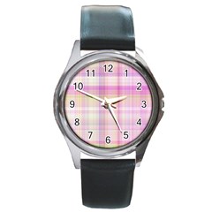 Pink Madras Plaid Round Metal Watch by SpinnyChairDesigns