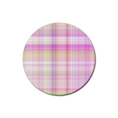 Pink Madras Plaid Rubber Coaster (round)  by SpinnyChairDesigns