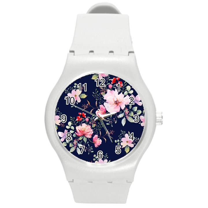 Printed Floral Pattern Round Plastic Sport Watch (M)