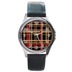 Red Black Checks Round Metal Watch