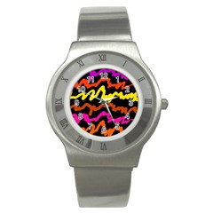 Multicolored Scribble Abstract Pattern Stainless Steel Watch by dflcprintsclothing