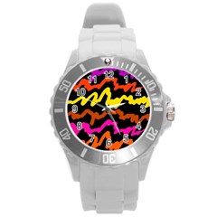 Multicolored Scribble Abstract Pattern Round Plastic Sport Watch (l) by dflcprintsclothing