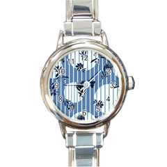 Stripes Blue White Round Italian Charm Watch by designsbymallika