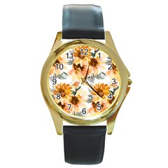 Sunflowers Round Gold Metal Watch