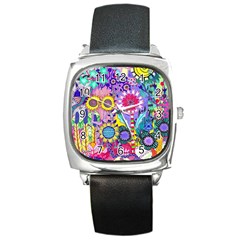 Double Sunflower Abstract Square Metal Watch by okhismakingart