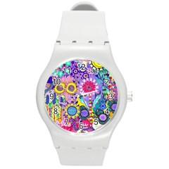 Double Sunflower Abstract Round Plastic Sport Watch (m) by okhismakingart