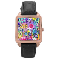 Double Sunflower Abstract Rose Gold Leather Watch  by okhismakingart