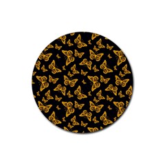 Black Gold Butterfly Print Rubber Coaster (round)  by SpinnyChairDesigns