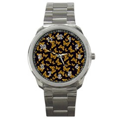 Black Gold Butterfly Print Sport Metal Watch by SpinnyChairDesigns