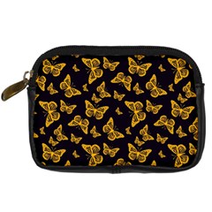 Black Gold Butterfly Print Digital Camera Leather Case by SpinnyChairDesigns