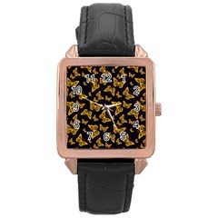 Black Gold Butterfly Print Rose Gold Leather Watch  by SpinnyChairDesigns