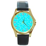 Aqua Blue Butterfly Print Round Gold Metal Watch Front