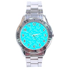 Aqua Blue Butterfly Print Stainless Steel Analogue Watch by SpinnyChairDesigns