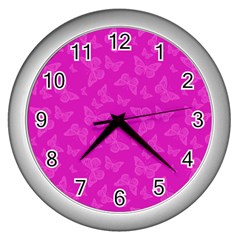 Fuchsia Butterfly Print  Wall Clock (silver) by SpinnyChairDesigns