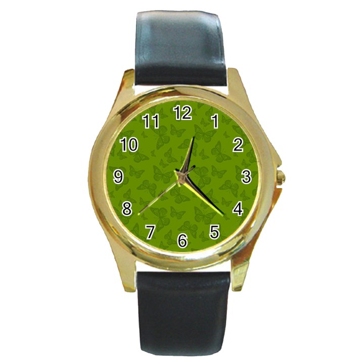 Avocado Green Butterfly Print Round Gold Metal Watch