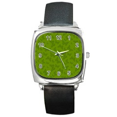 Avocado Green Butterfly Print Square Metal Watch