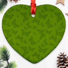 Avocado Green Butterfly Print Heart Ornament (two Sides) by SpinnyChairDesigns