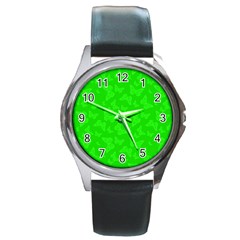 Chartreuse Green Butterfly Print Round Metal Watch by SpinnyChairDesigns