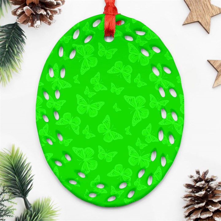 Chartreuse Green Butterfly Print Ornament (Oval Filigree)