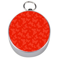 Vermilion Red Butterfly Print Silver Compasses by SpinnyChairDesigns