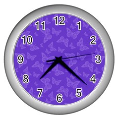 Violet Purple Butterfly Print Wall Clock (silver) by SpinnyChairDesigns