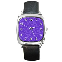 Violet Purple Butterfly Print Square Metal Watch