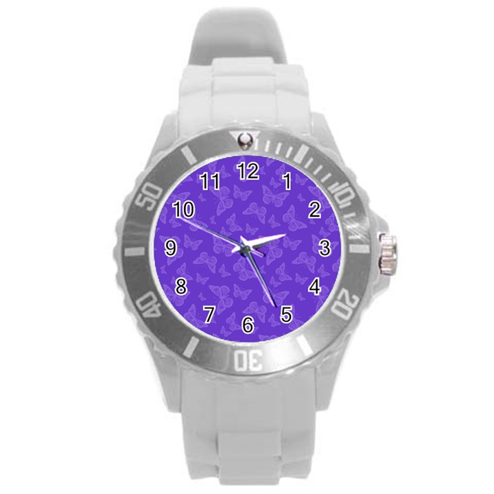 Violet Purple Butterfly Print Round Plastic Sport Watch (L)