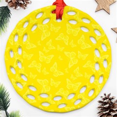 Lemon Yellow Butterfly Print Round Filigree Ornament (Two Sides)