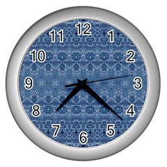 Boho Denim Blue Wall Clock (silver) by SpinnyChairDesigns