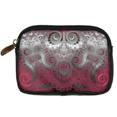 Black Pink Spirals And Swirls Digital Camera Leather Case by SpinnyChairDesigns